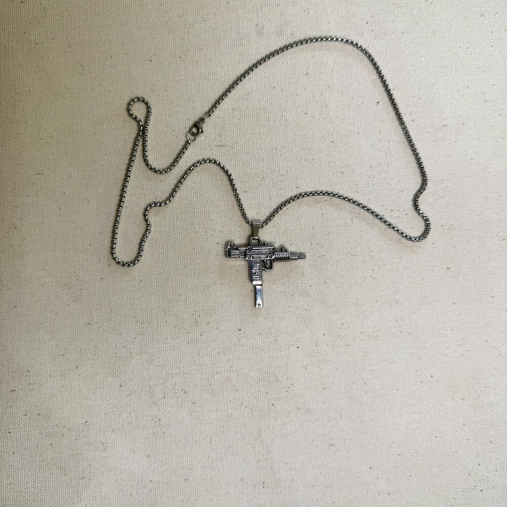 Y2K Silver Stainless Steel Uzi Necklace Urban Pendant Unisex Streetwear New - Picture 8 of 10